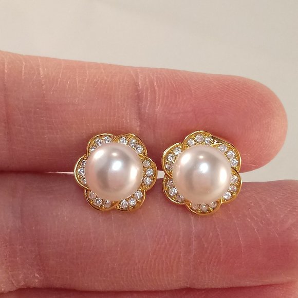 18K Yellow Gold Filled Pearl Swirl Flower Diamond Topaz Zircon Stud Earrings - Picture 5 of 6